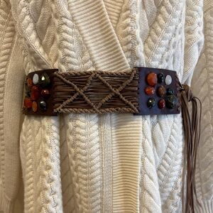 Orciani Vintage 90s Brown Leather Agate Stone Boho Tie Waist Belt 85cm Medium